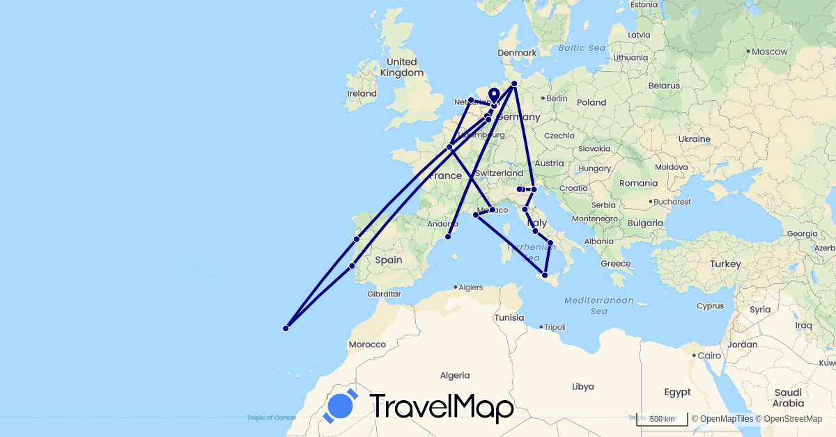 TravelMap itinerary: driving in Germany, Spain, France, Italy, Monaco, Netherlands, Portugal (Europe)